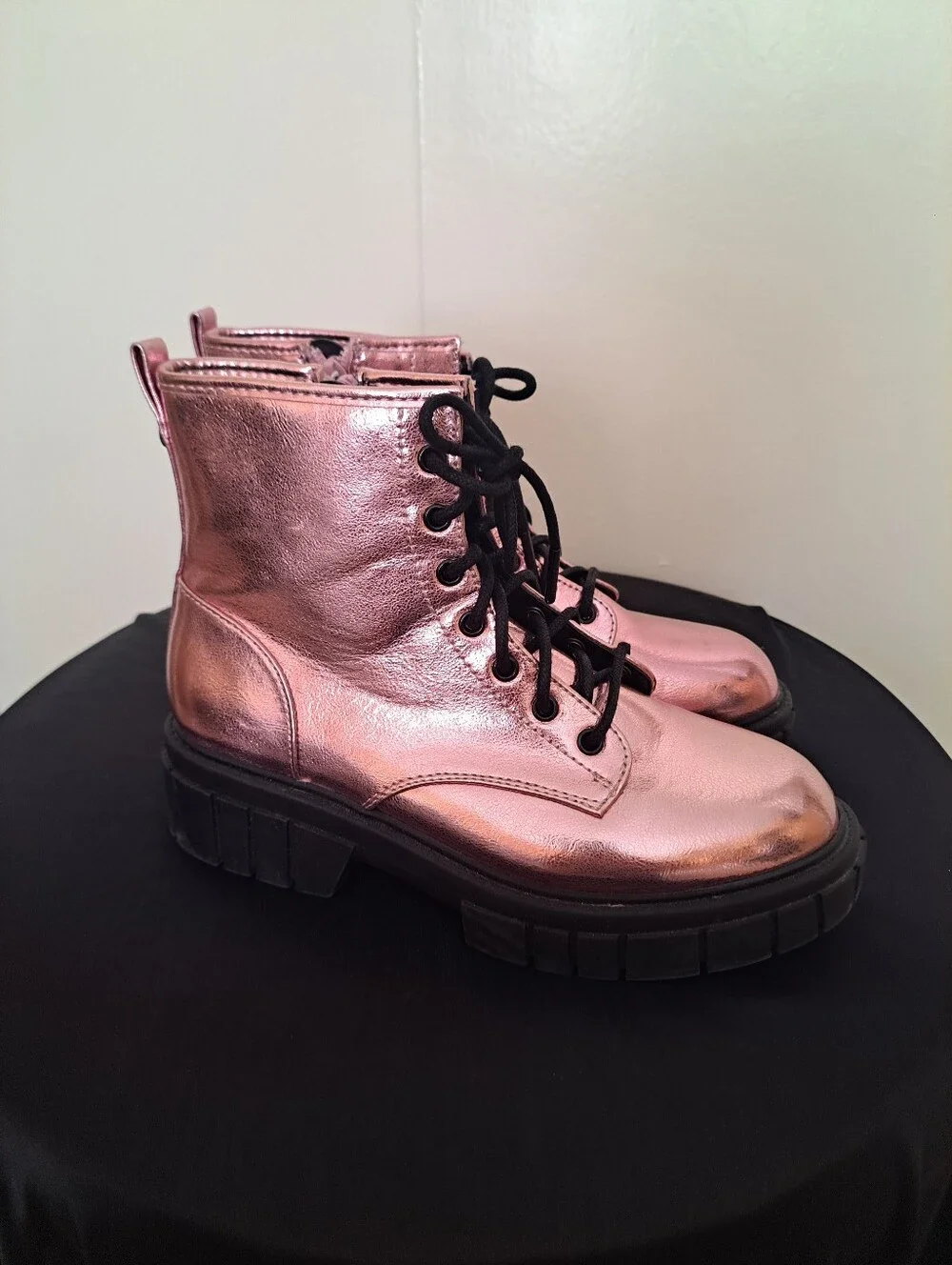 Metallic Pink Lace-Up Combat Boots with Chunky Black Sole